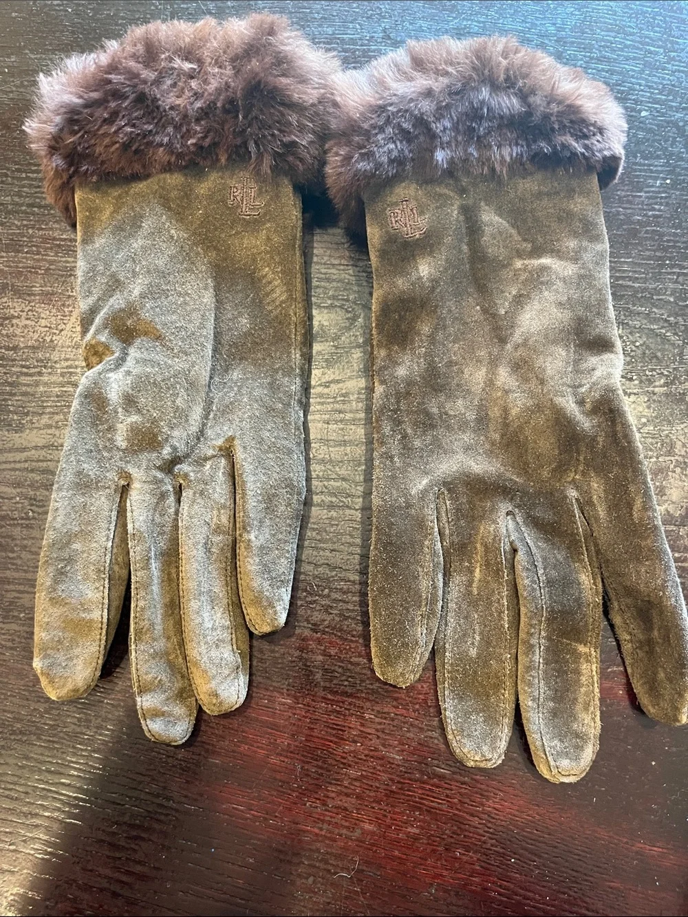 Ralph Lauren Dark Brown Suede Gloves with Fur Cuff
